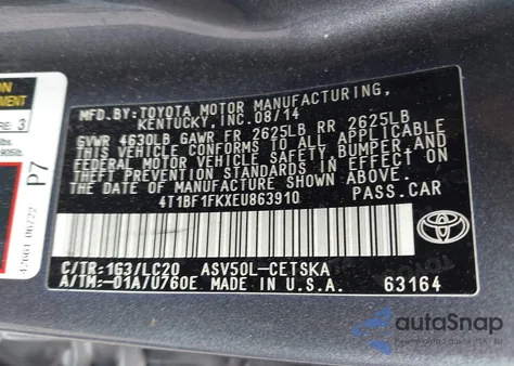 2014 Toyota Camry Se from USA, damaged, VIN 4T1BF1FKXEU863910